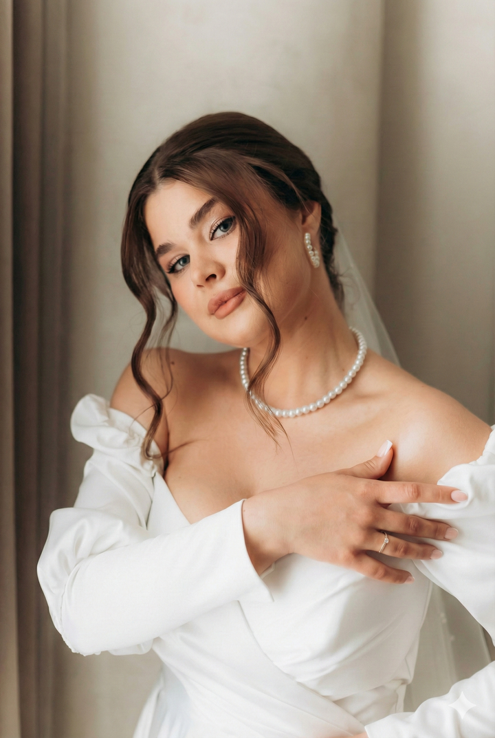 Намисто «Люстрія» з білих штучних перлів з золотою фурнітурою та перлиною